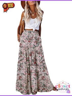 Boho Flowy Maxi Skirt with Pockets High Waisted A-Line Pleated